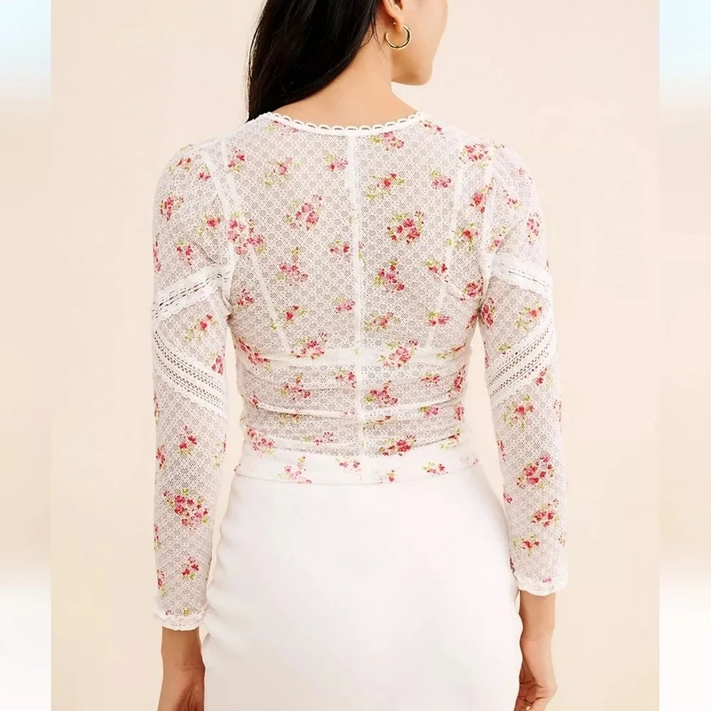 Free People Kika Top Blouse S Sheer White Lace Floral Button Front Long Coquette